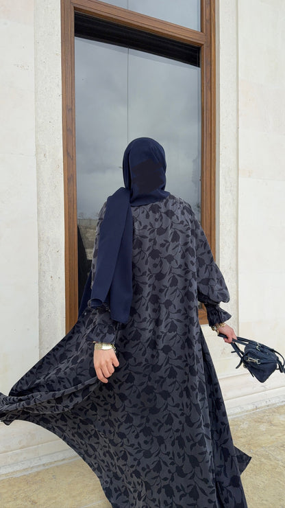 Navy Blue Patterned Cupra Silk Abaya
