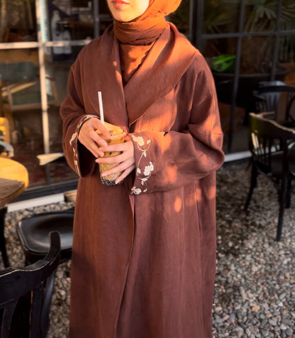Kahverengi Nakışlı Keten Kaftan