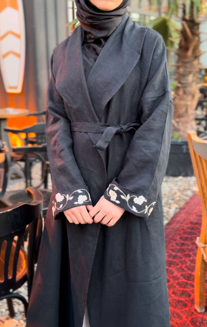 Siyah Nakışlı Keten Kaftan