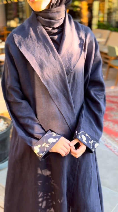 Lacivert Nakışlı Keten Kaftan