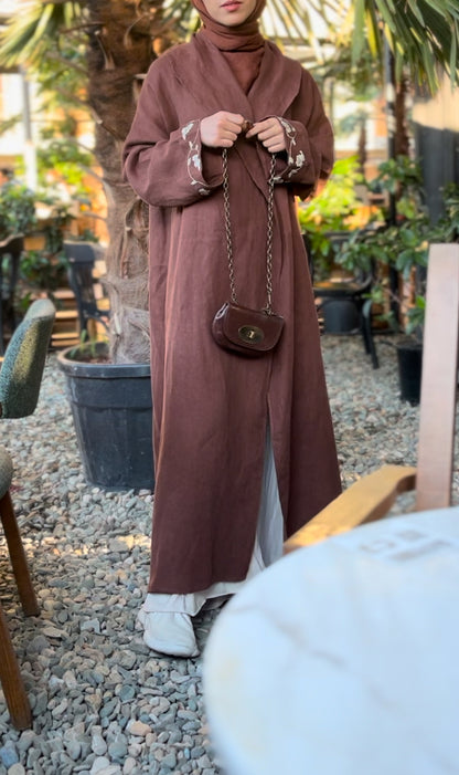 Kahverengi Nakışlı Keten Kaftan