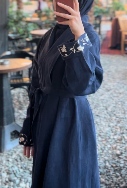Lacivert Nakışlı Keten Kaftan