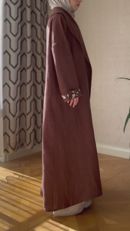 Kahverengi Nakışlı Keten Kaftan