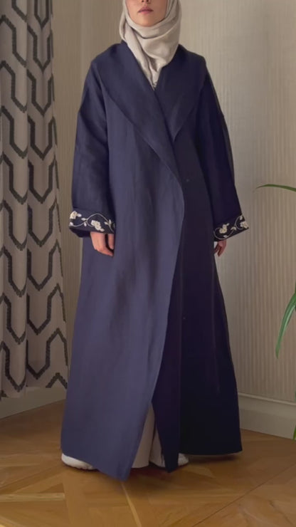 Lacivert Nakışlı Keten Kaftan